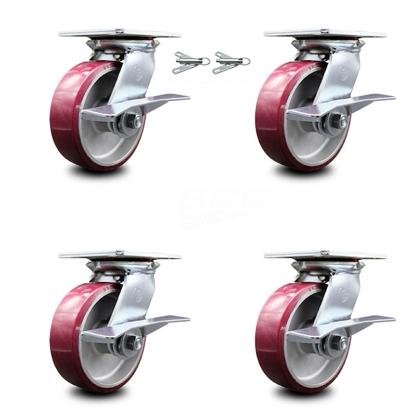 Service Caster 6 Inch Poly on Aluminum Caster Set with Roller Bearing 4 Brake and 2 Swivel Lock SCC-35S620-PAR-SLB-BSL-2-SLB-2 - main